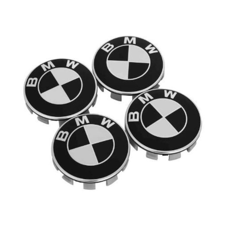 Set 4 capacele roti, pentru gaura centrala, pentru jante de aliaj BMW Seria 1, 3, 5, 6, 7, X3, X5, X6, diametru exterior 68 mm. Alb/Negru