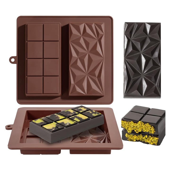 Formă dublă din silicon pentru ciocolată Zola, 8 cuburi, model abstract, 19x22.5cm, maro