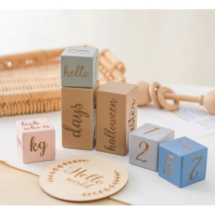 Set Cuburi din Lemn cu Inscriptii – „Hello World”, Albastru