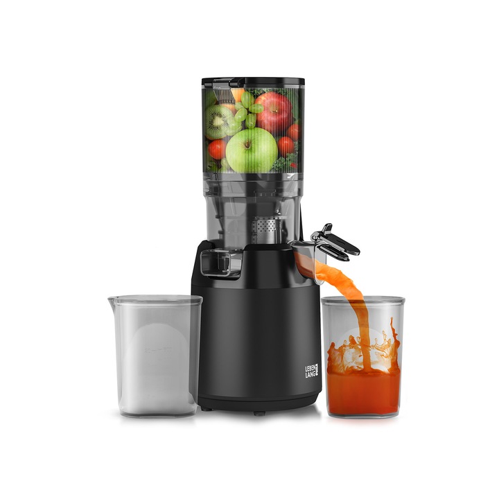 Storcator de fructe cu presare lenta LEBENLANG, 250W, deschidere 135mm, recipient suc 1L, negru, include 2 pahare si perie de curatare
