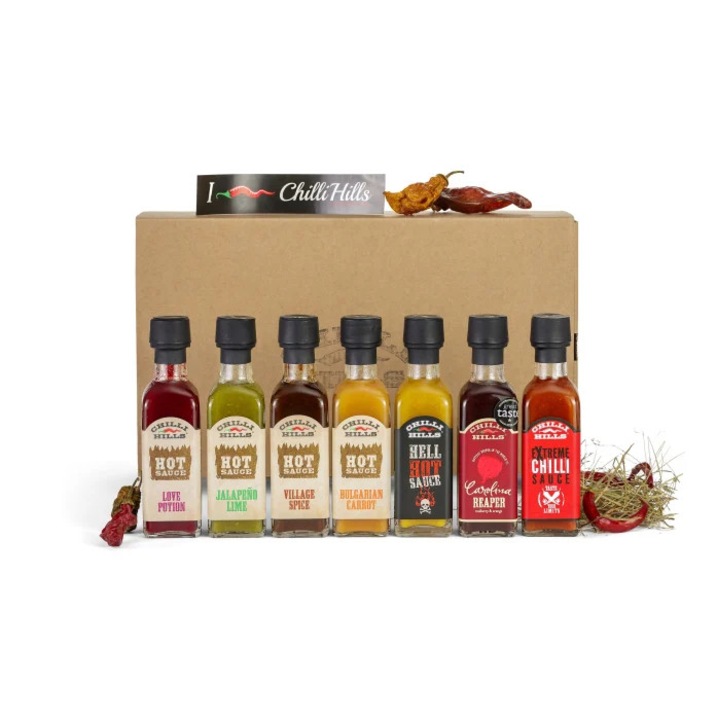 Set Cadou XL Sosuri Iuti Chilli Hills, 7 sosuri, aromă variată, 100 ml fiecare