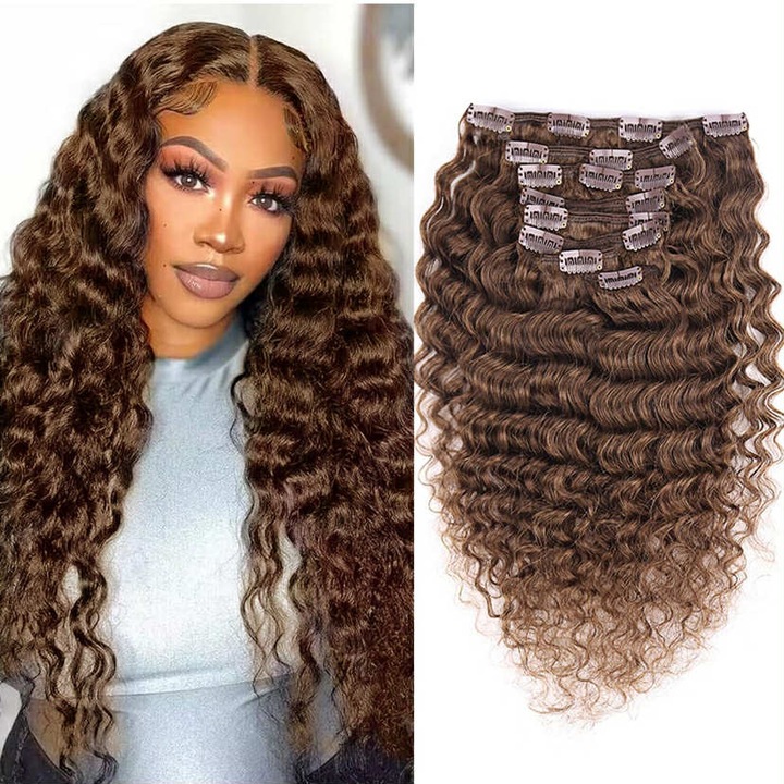 Păr natural creț Wepwcod 8 agrafe 120 grame 30 cm lungime