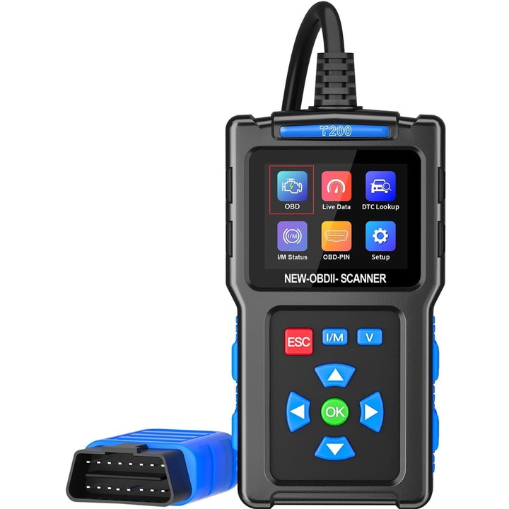Tester diagnoza auto, asskanaer, Tester diagnoza auto multimarca OBD II, Display 6 cm, Optiuni in 13 limbi, Citind si stergand codurile de eroare ale vehiculului, Test baterie, Pentru audi skoda wv opel, ABS+Silicon, 7.5*3*14 cm, Negru/Albastru