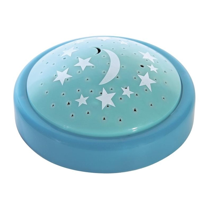Lampa de veghe portabila pentru copii, Cu proiector, Model luna si stele, 3 moduri de schimbare a luminii, 14 cm, Albastru