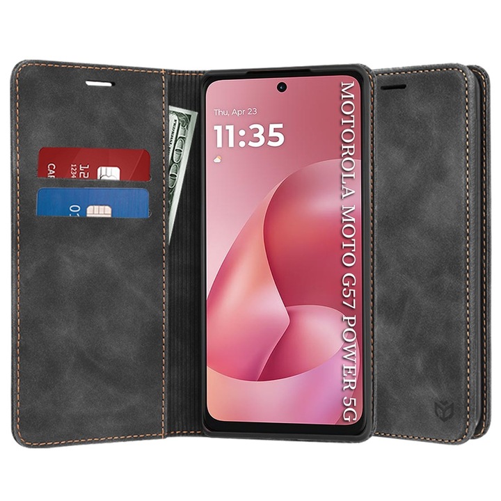Husa pentru Motorola Moto G57 Power / G67 Power DaDen® Tip Carte, Confy Cover, Suport card, Functie de Stand si Inchidere Magnetica, Protectie Sporita, Piele ecologica, Negru