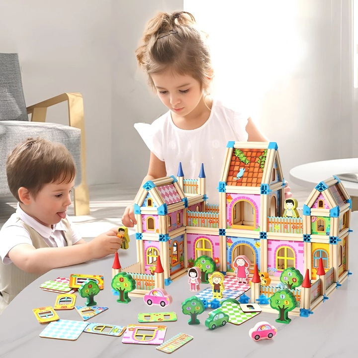 Set Constructie Castel din Lemn 128 Piese, Structuri 3D, Multicolor, 38x28.5x7.5cm