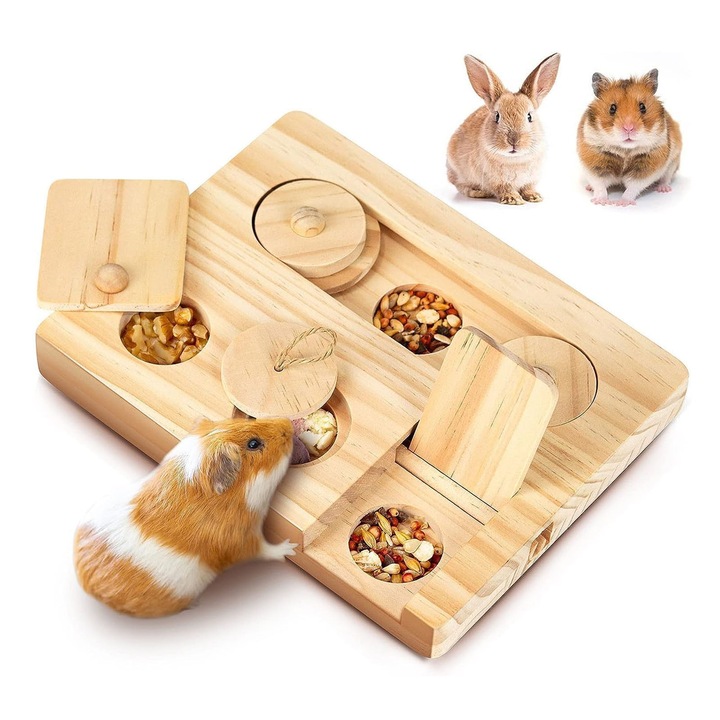 Jucarie de cautare a hranei pentru hamsteri, AFKSMILE, Jucarii ascunse pentru hrana, Castron hranire lenta pentru animale mici, Interactiv, Materiale de inalta calitate, Pentru hamsteri, Iepuri si cobai, Lemn, 18*13.5*2.1cm, Naturala lemnului