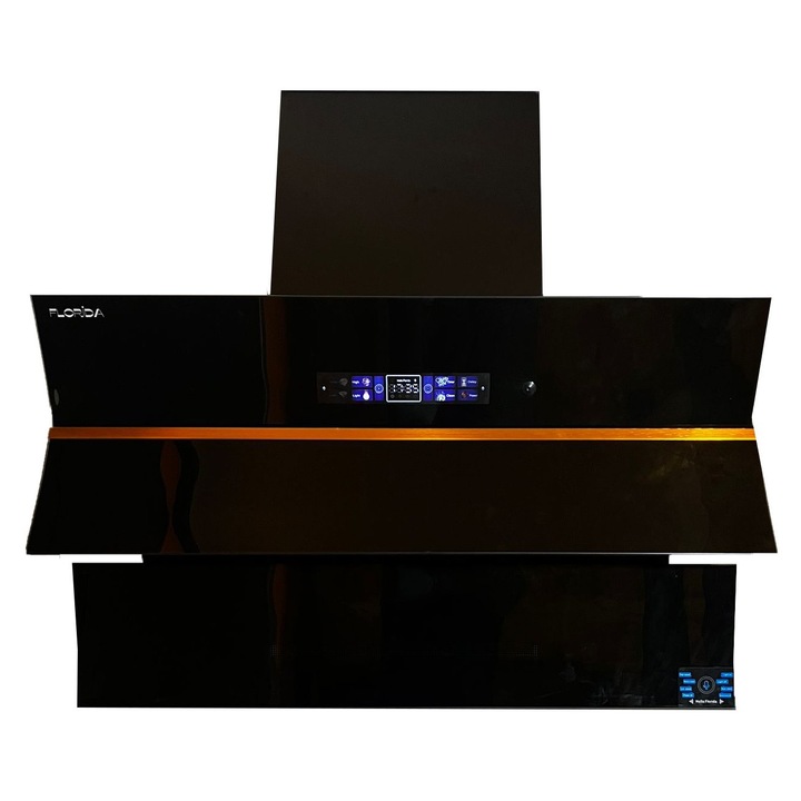 Hota Inteligenta FLORIDA S9005, control vocal, control prin gesturi, touch screen, curatare automata, Putere de absorbtie 1200 mc/h, 2 Motoare brushless, Iluminare led, Clasa A, Negru, 90cm