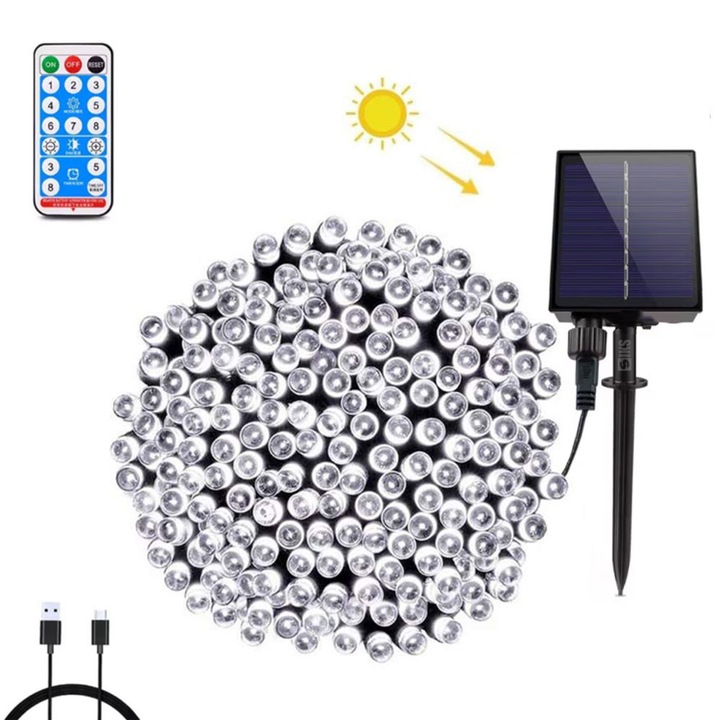 Instalatie De Craciun Liniara Solara SIKS Cu Telecomanda Pentru Exterior / Interior, 50 m, 500 LED-uri, Cu 8 Jocuri De Lumini, Fir Verde Inchis, Panou Solar Dar Cu Posibilitate Alimentare Si USB, Alb Rece