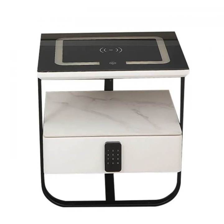 Noptiera Inteligenta, MOBATELIER®, Noptiera Multifunctionala Cu Incarcare Wireless Si Port USB, Iluminare LED Touch Reglabila In 3 Culori, Sertar Tip Seif Cu Blocare Prin Parola, Noptiera Moderna Cu Design Elegant Si Sigur Pentru Dormitor, Alb