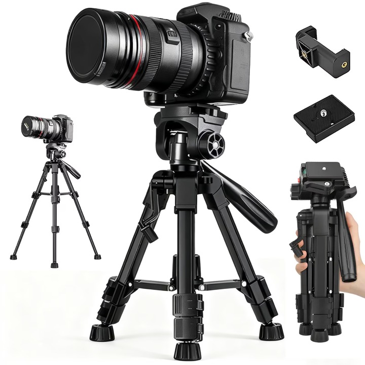 Мини статив за снимки, телескопичен, XPQKDC®, 30-63 см, въртене на 360°, 3 настройки на височината, с плоча за бързо освобождаване, чанта за съхранение, държач за телефон, за фотоапарат/телефон, за сценарии на бюро/ниски повърхности, черен