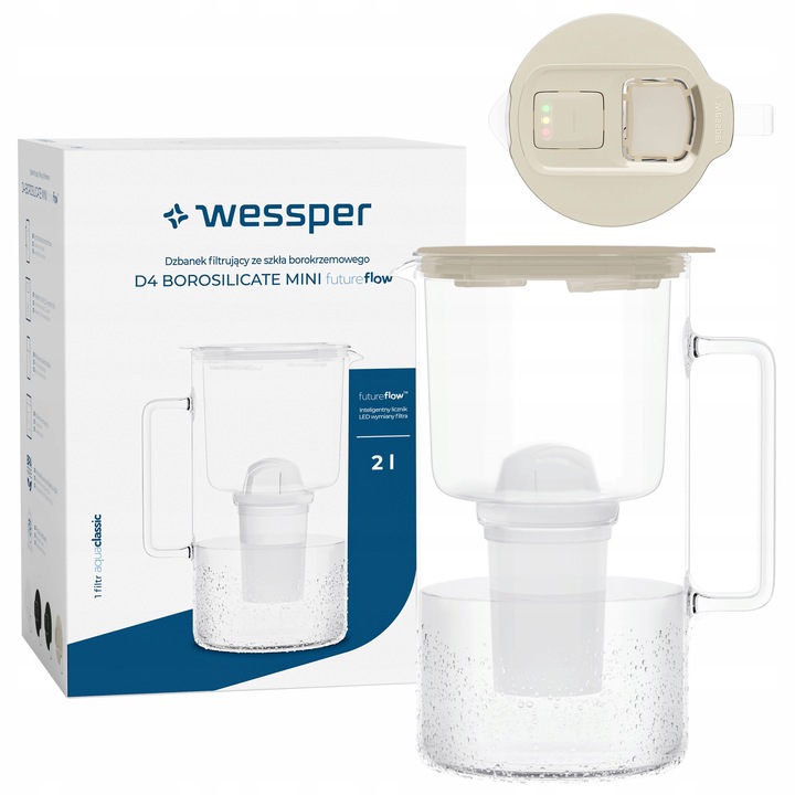 Филтрираща кана Wessper D4 BOROSILICATE mini futureflow, филтрираща кана от боросиликатно стъкло, с филтър Aquaclassic (до 150 л / 30 дни) и LED индикатор futureflow, Бежов, 2 л