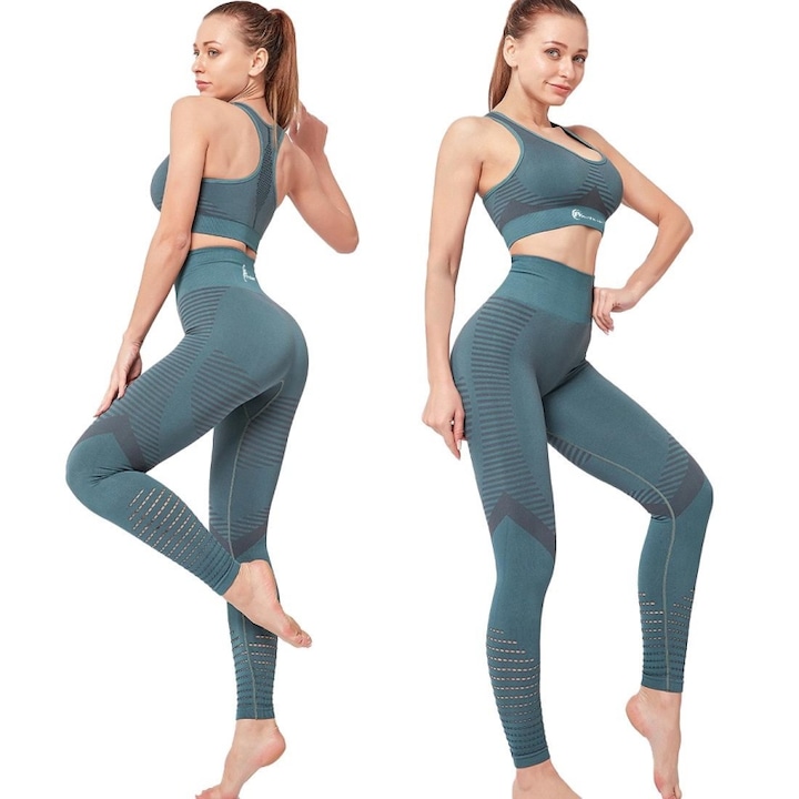 Set costum fitness FitTronic® Y610 Turqoise, masura S, material ce se muleaza pe corp, accentueaza silueta