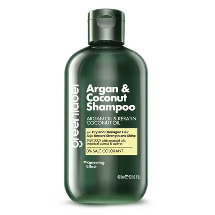Sampon Argan & Coconut Greenlabel 400 ml – Ulei de Argan, Ulei de Cocos, Keratina, Par Uscat & Deteriorat, Regenerare si Hidratare