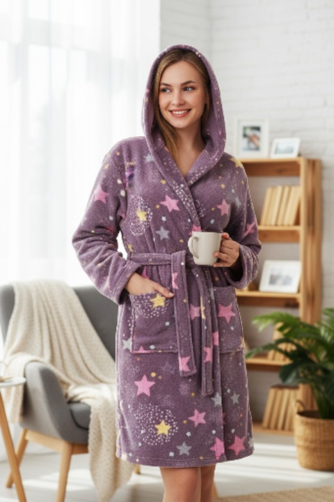 Halat dama polar, stil capot de casa, cu gluga si cordon, Mov