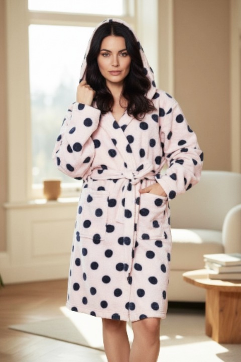 Halat dama polar, stil capot de casa, cu gluga si cordon, Roz pal