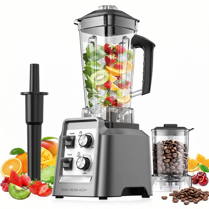 Blender Profesional 2 In 1 SeveShop® Teendow, Motor Puternic 1800W, Blender Cu Rasnita Cafea, Functie Timer, Pulse, Intensitate Viteza Reglabila, 6 Lame Inox Multifunctionale, Blender Multifunctional Smoothie, Sucuri Si Macinare, Capacitate 2L, Gri