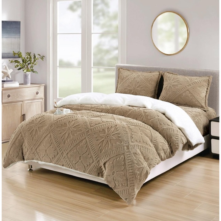 Dupla Ágynemű szőrös takaróval, Gumírozott 180x200 Sigma V23 Sötét Bézs, Cocolino