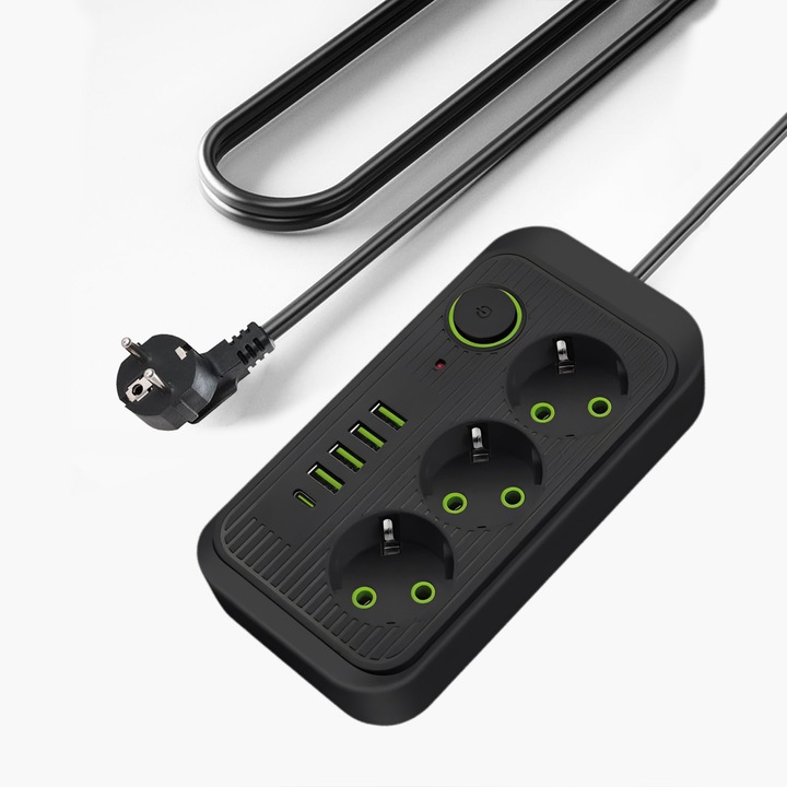 Prelungitor, Bedee®, 3 prize, 4 porturi USB si 1 port Type-C, rezistent la caldura, sigur si eficient, 1, 9 metri lungime cablu, 2500W, 17*8 cm, potrivit pentru dispozitive moderne cu putere de livrare de pana la 20W