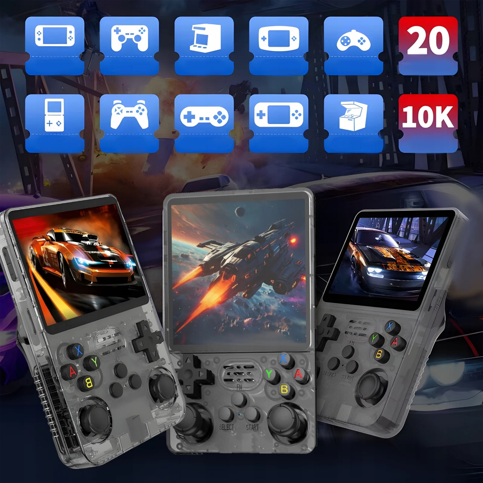 Consola portabila retro R36S, 64GB, peste 15000 jocuri clasice preinstalate, ecran IPS 3.5” HD, joystick dual 3D, Sistem original ArkOS 2.0, baterie 3500mAh, Gri