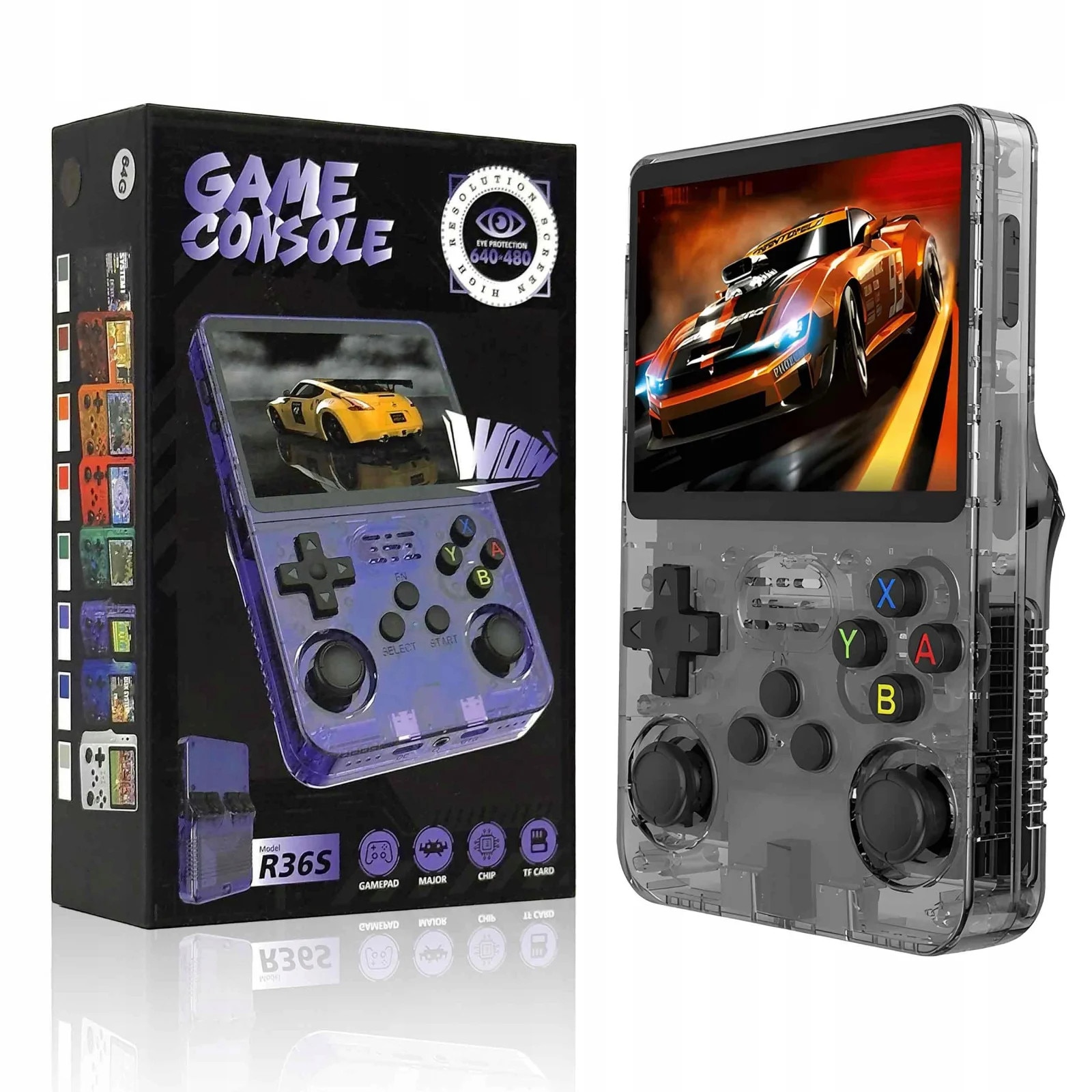 Consola portabila retro R36S, 64GB, peste 15000 jocuri clasice preinstalate, ecran IPS 3.5” HD, joystick dual 3D, Sistem original ArkOS 2.0, baterie 3500mAh, Gri