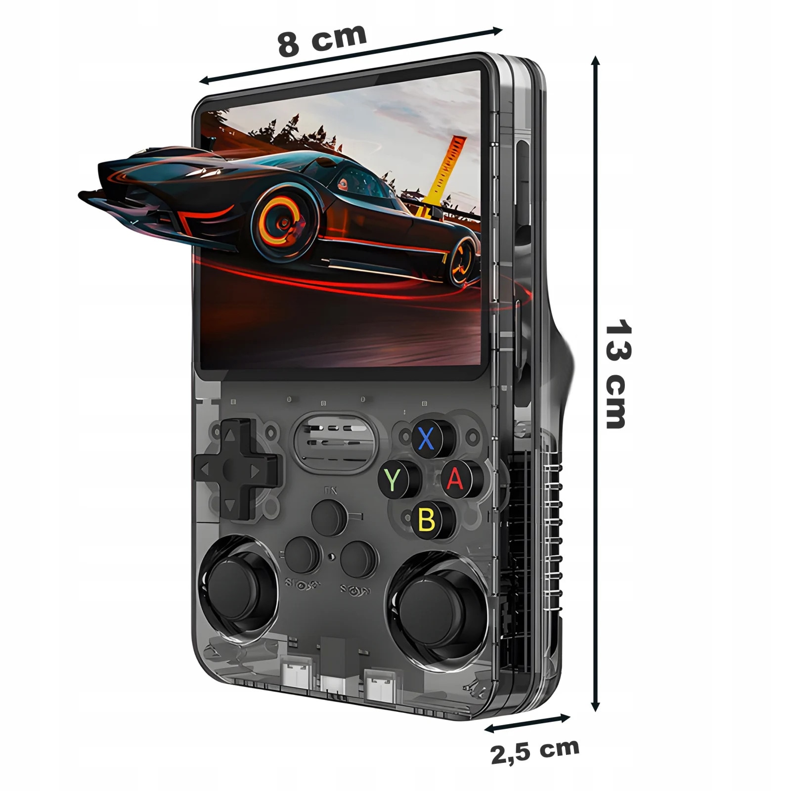Consola portabila retro R36S, 64GB, peste 15000 jocuri clasice preinstalate, ecran IPS 3.5” HD, joystick dual 3D, Sistem original ArkOS 2.0, baterie 3500mAh, Gri