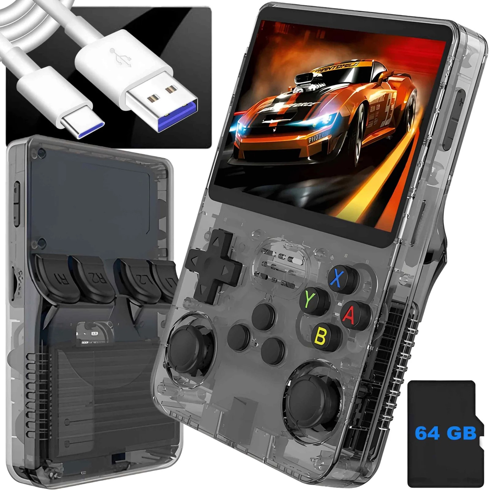 Consola portabila retro R36S, 64GB, peste 15000 jocuri clasice preinstalate, ecran IPS 3.5” HD, joystick dual 3D, Sistem original ArkOS 2.0, baterie 3500mAh, Gri