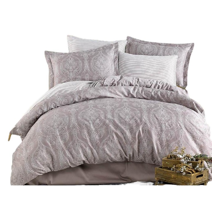 Lenjerie de Pat Dublu Set 6 Piese Jacquard Maro, Satin Deluxe, 200x220cm, 240x260cm, 50x70cm (4 buc)