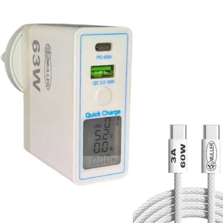 Muller® töltő, Gan 63W LCD kijelzővel, Type C 45W + USB-A 18W gyorstöltés, gyors töltés, PD3.0 super charge és Type C - Type C 3A 2m kábel, kompatibilis bármilyen 45W max laptoppal /Apple / Samsung / Huawei / Oppo / Xiaomi, Fehér