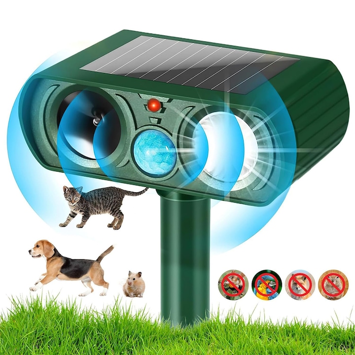 Dispozitiv solar anti-animal cu ultrasunete YOUKUKE®, cu Senzor de Miscare 110°, LED intermitent, rezistent la apa IP65, senzor distanta 10m, protectie ecologica pentru gradina, impotriva pisicilor, cainilor, iepurilor si