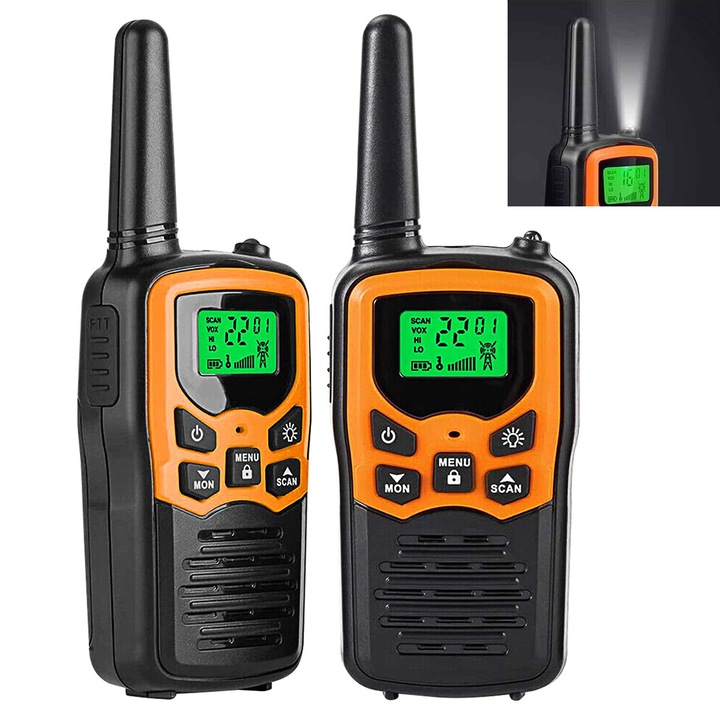 Set de 2x suport radio portabil YOUKUKE ® Set 2 walkie talkie, 22 canale FRS, ecran LCD iluminat, raza de comunicare de pana la 10 km, mufa de 2,5 mm, lanterna, 10 tonuri de apel, 2 frecvente radio ID FCC, VOX 3 moduri, portocaliu