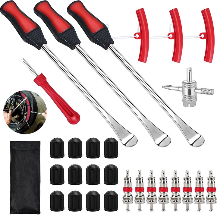 Gumiabroncs szerelő támaszték, YOUKUKE®, 3 darabos készlet, 29,5x2cm, felnivédők, A legtöbb gumiabroncshoz alkalmas, fekete-piros