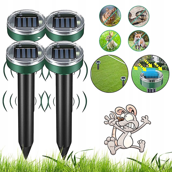 Set de 4 dispozitive anti-iepure, anti-hamster, tabara anti-putrezire, capcana pentru veverite, Nornic, YOUKUKE®, Ultrasunete, Rotunda, Actiune 360°, Incarcare solara, Acoperire pana la 372 m², Rezistenta la apa IPX6