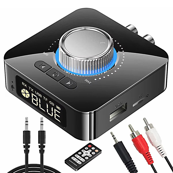 Adaptor Bluetooth 5 in 1, cu telecomanda, 400mAh, microSD, intrare stereo AUX de 3,5 mm, YOUKUKE®, Negru