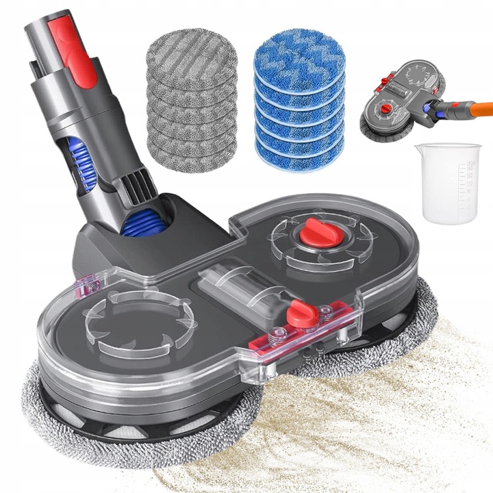 Mop pentru spalat si aspirat cu cap electric, YOUKUKE®, compatibil cu aspiratorul Dyson V7 V8 V10 V11 V15, rotatie 180°, rezervor de apa de 180 ml, cap de mop rotativ dublu, cu 12 servetele rotunde