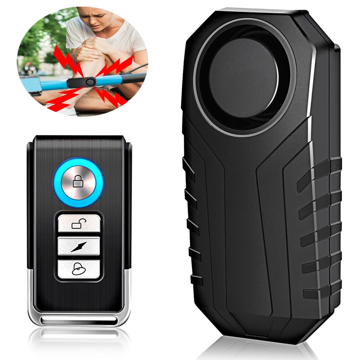 Alarma Antifurt pentru Bicicleta, Trotineta si Motocicleta, YOUKUKE®3 niveluri de volum pana la 113 db, senzor de vibratii, telecomanda, impermeabil IP55, 7 niveluri de sensibilitate, negru