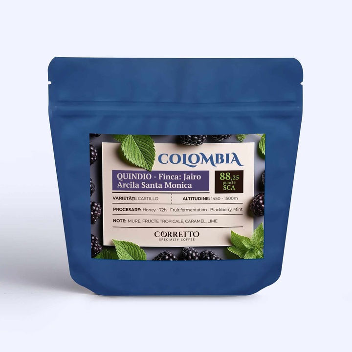 Cafea de specialitate Corretto, Colombia Qiuindio Santa Monica Honey Blackberry Mint 72h Coferment, 200 g, boabe