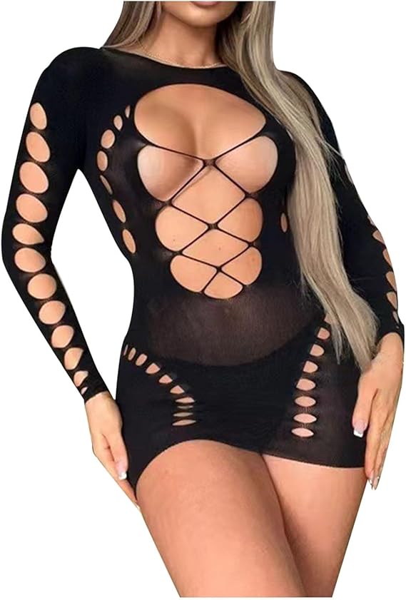 Costum Catsuit Erotic, LISM®, bretele, maneci lungi, elastic, plasa transparenta, Negru