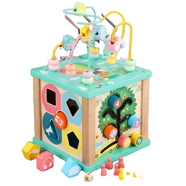 Cub Educational Montessori 5-in-1 din Lemn – Forme, Ceas, Labirint, Margele & Roti – Jucarie Interactiva pentru Dezvoltarea Bebelusilor