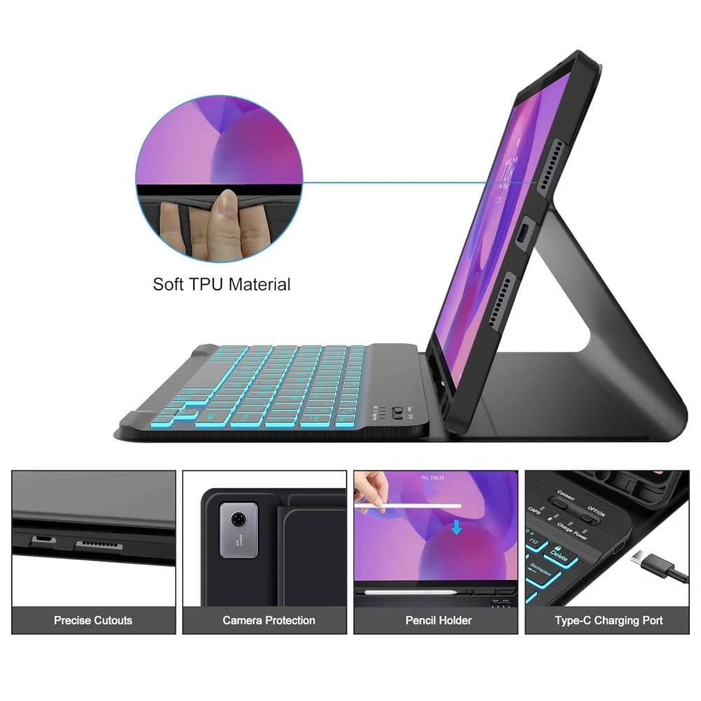 Husa pentru Lenovo Idea Tab Plus 12.1 inch cu tastatura iluminata wireless detasabila RGB 7 lights, Bluetooth, USB Type-C, functie stand si slot stylus, negru