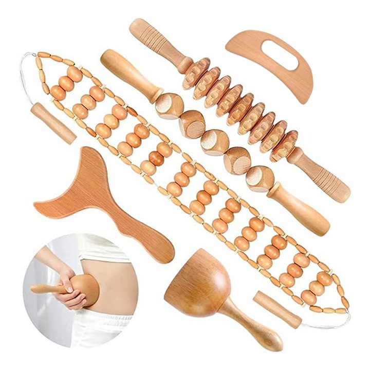 Set de unelte de masaj din lemn 6-in-1, masajer manual pentru corp cu role si cupa, lemn natural, pentru relaxarea spatelui, picioarelor, bratelor si taliei