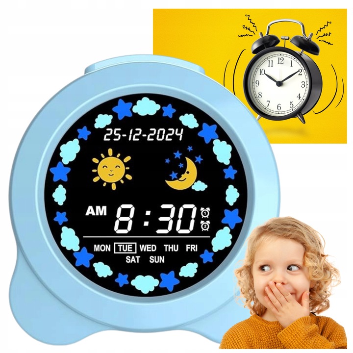 LED ébresztőóra gyerekeknek, riasztó, éjszakai lámpa, kék, 14x7,12x14cm
