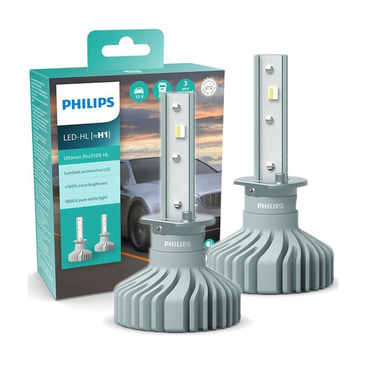 Set 2 LED-uri H1 PHILIPS Ultinon Pro5100 HL - +160% Lumina, 5800K, 12V/24V