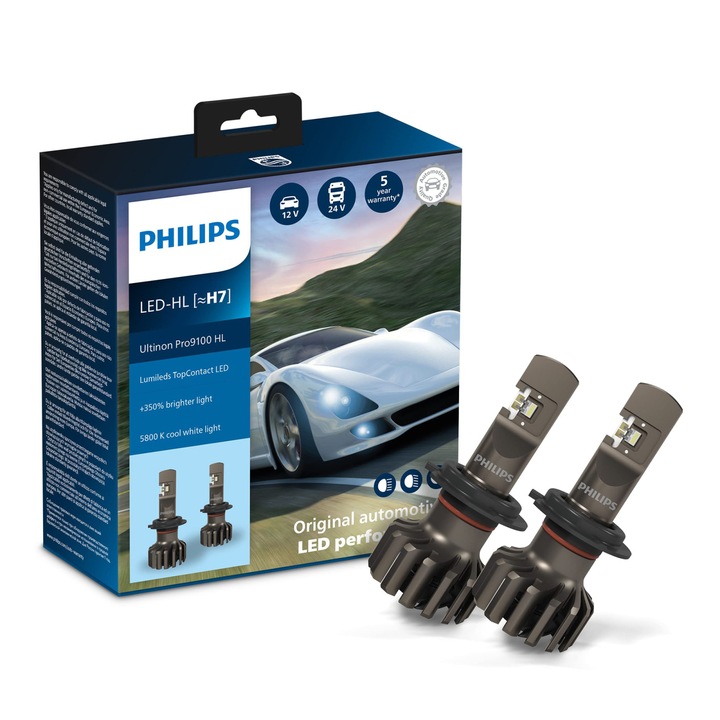 Комплект 2 LED крушки H7 Philips Ultinon Pro9100 HL, +350% светлина, чисто бяла, 5800K