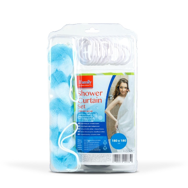 Set perdea de dus 180 x 180 cm - Inclus burete lung de baie, fara BPA