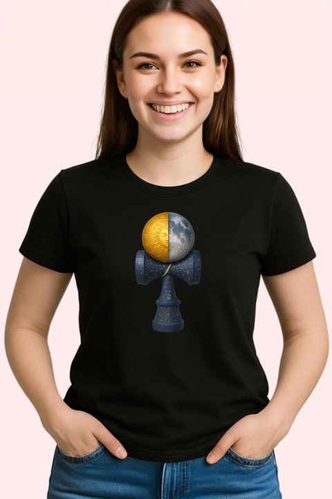 Tricou Kendama yin yang cu energie solara si lunara Zodiacal, Dama, 100% Bumbac, Cri-Flo, Culoare Negru, Marime XL