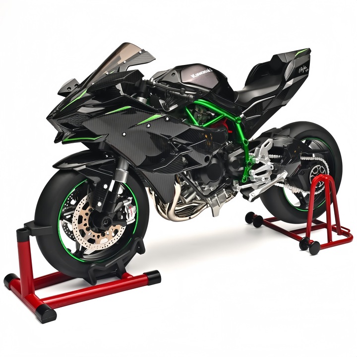 Motocicleta de colectie diecast 1:6 Kawasaki H2R, metal, detalii fine, Fum Real, 31x13x18cm, cu lumini si sunete, negru carbon