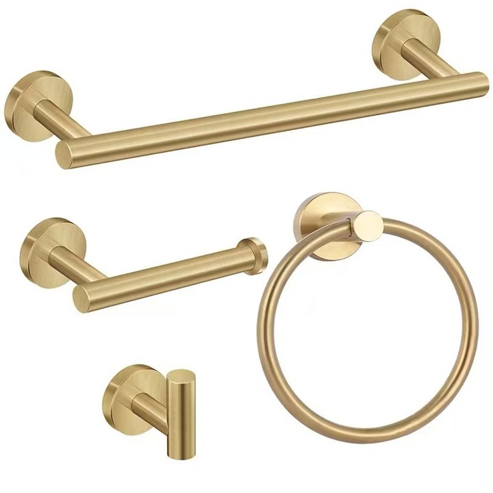 Set de accesorii pentru baie TodyJeyHo, 4 piese, placat aur mat, otel inoxidabil SUS304, montat pe perete