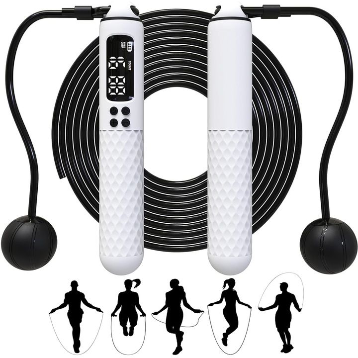 Coarda de sărit inteligentă Bedee, 3-in-1, manere ponderate, contor digital, alb