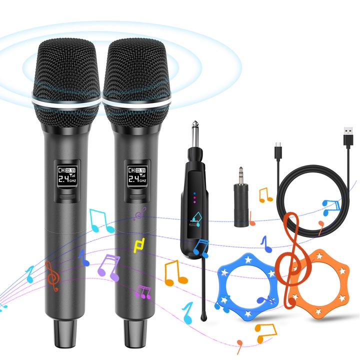 Set 2 microfoane wireless profesionale, Aveek, Handheld fara fir dynamic, Reducerea zgomotului, pentru Karaoke, Conferinte, petreceri, Cu receptor, cablu usb, inel anti-alunecare, adaptor tip Jack, Plastic, Gri